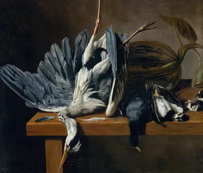 Still Life With A Grey Heron And Other Birds On Ledge by Dirck De Horn — digital art print download