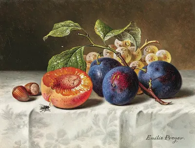 Still Life with Peaches, Red Grapes, Hazelnuts and a Wasp. by Emilie Preyer — digital art print download