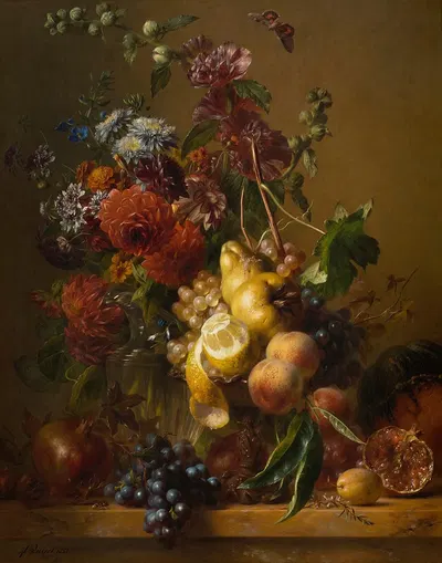 A Still Life with Dahlias, Hollyhocks and Other Flowers in a Glass Vase by Hendrik Reekers, 1851 — digital art print download