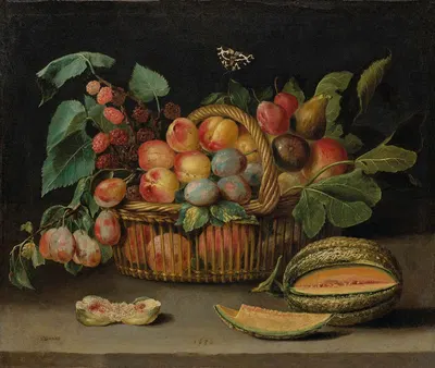 Still Life With Fruit In A Wicker Basket, With A Cut Melon by Jacques Linard, 1636 — digital art print download