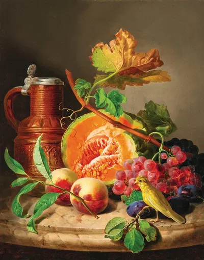 Still Life on a Marble Top with a Pumpkin, Grapes, a Peach and a Canary by Josef Lauer — digital art print download