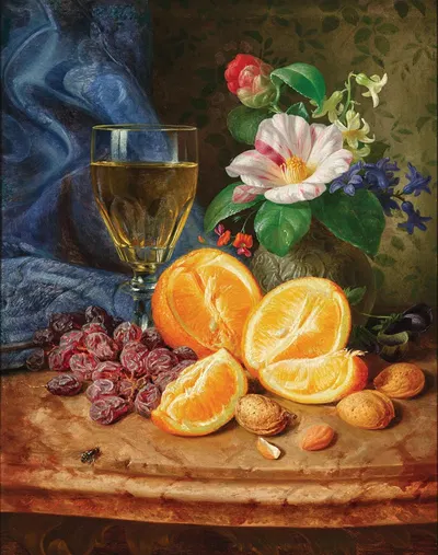 Still Life with Oranges, a Wine Glass and Camellias in a Vase by Josef Lauer — digital art print download