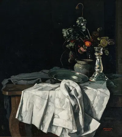 Still life with a white tablecloth and a silver candlestick by Йозеф Штойцнер, c. 1935 — digital art print download