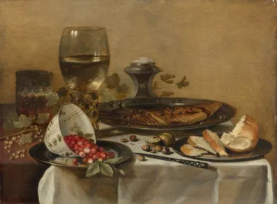 Still Life With Roemer, Smoked Herring, Walnuts, White Currants And Wild Strawberries by Pieter Claesz — digital art print…