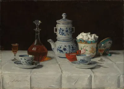 Still life with coffee setting and cognac bottle by Albert Anker, 1882 — digital art print download