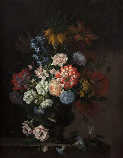 Vase of flowers on a stone entablature. by Antoine Monnoyer — digital art print download
