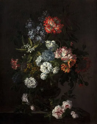 Vase of flowers on a stone entablature by Antoine Monnoyer — digital art print download