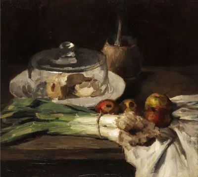 Stilleben mit Porreebündel, Käseglocke und Äpfeln by Карл Шух — digital art print download