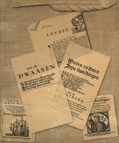 Trompe l'œil of prints and of a quill by Голландская школа, 1742 — digital art print download