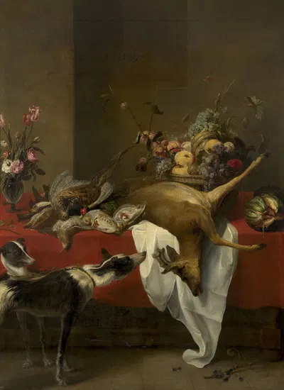 Game, fruit basket and vase of flowers on a table by Франс Снайдерс — digital art print download