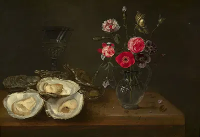 Oysters and vase of flowers on an entablature by Frans Ykens — digital art print download
