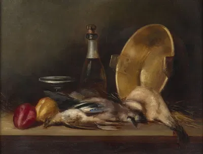 Oiseaux, fruits, bouteille de champagne et bassine en cuivre sur un entablement by Грасиано Мендилахарсу — digital art…
