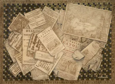 Trompe l'œil of prints and of an alphabet sampler by Итальянская школа — digital art print download