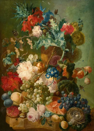 Bouquet of flowers and fruits on an entablature by Jan Van Os — digital art print download