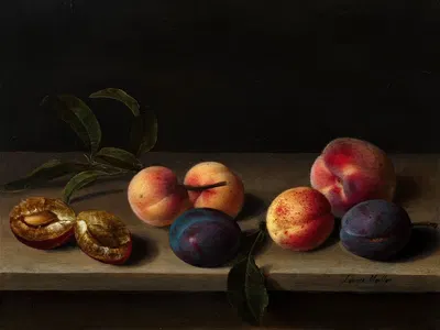 Peaches, apricots and plums on an entablature by Луиза Мойон — digital art print download