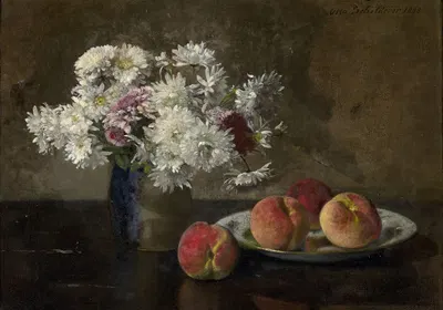 Bouquet of dahlias and peaches on an entablature by Otto Scholderer, 1893 — digital art print download