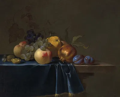 Peaches, grapes, pomegranate and plums on an entablature by Willem van Aelst, 1648 — digital art print download