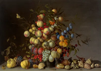 Peaches, plums, oranges, apples, cherries, grapes, redcurrants, blackcurrants, crab apples and other fruit in a pewter vase…