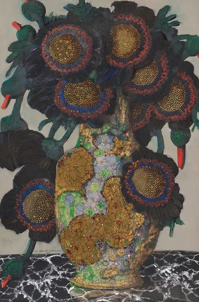 Stilleben mit Sonnenblumen in ornamentaler Vase by Carl Strathmann, 1916 — digital art print download