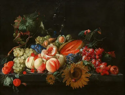 Stillleben mit Pfirsichen und Kirschen auf einer Silberplatte mit anderen Früchten, Nüssen und Sonnenblumen by Cornelis de…