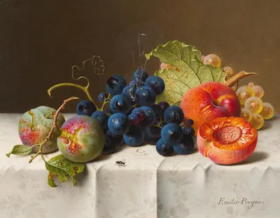 Stillleben mit Pflaumen, Trauben und Pfirsichen auf weißer Tischdecke by Emilie Preyer — digital art print download