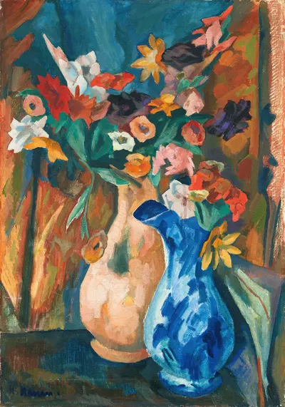 Gladiolen und Dahlien in zwei Vasen by Генрих Науэн, 1914 — digital art print download