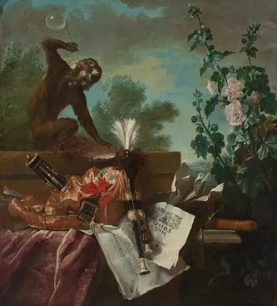An Allegory of Air; a musical still life with a monkey blowing bubbles, a musette, a flute and music scores by Жан-Батист…