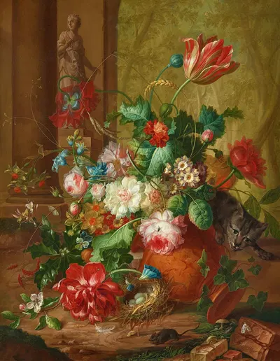 Blumenstillleben mit Steinskulptur, Katze und Maus by Johannes Christianus Roedig, 1779 — digital art print download