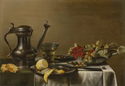 A peeled lemon on a pewter plate, a pewter wine jar, a roemer, gooseberries and redcurrants in a dish, a knife, on a…