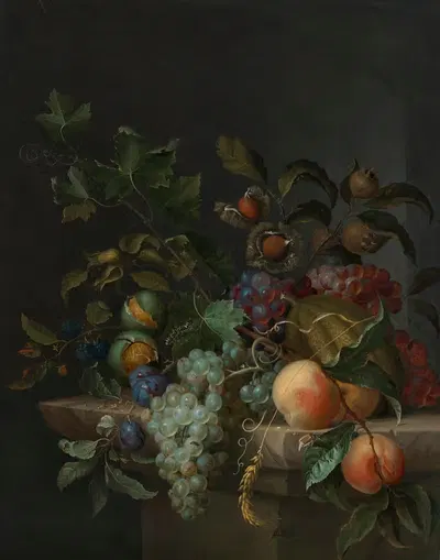 Grapes, peaches, plums, blackberries, rosehips, a melon, an ear of barley, a vine tendril, chestnuts, walnuts and hazelnuts…