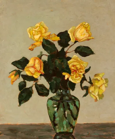 Yellow roses and green flower-vase by Jan Bohuszewicz, 1934 — digital art print download