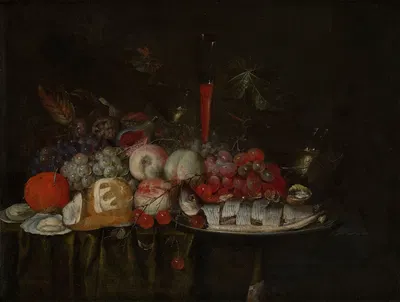 Fruit and Sliced Herring by Jan Pauwel Gillemans the Elder, 1668 — digital art print download