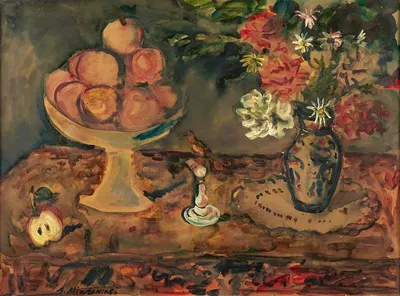 Nature morte au compotier et vase de fleur by Авраам Минтчин — digital art print download