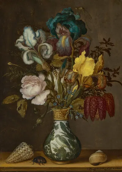 Irises, roses, fritillaries and forget-me-nots in a Wanli vase with two shells and a beetle on a ledge by Balthasar van der…