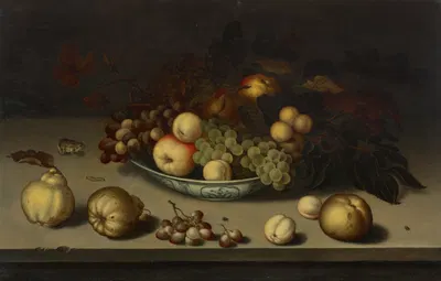 Grapes, apples, peaches and apricots in a Wan-li bowl, with quinces, a frog, a caterpillar, a fly and a beetle on a stone…
