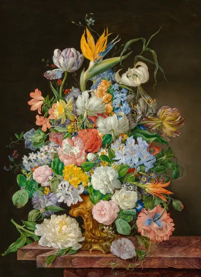 A bird of paradise, roses, tulips and other flowers in a gilt bronze vase on a stone ledge by Франц Ксавер Петтер, 1844 —…