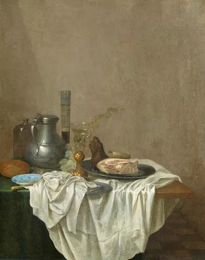 Stillleben mit Zinnkrug, Gläsern, Schinken und Brot by Геррит ван Вухт — digital art print download