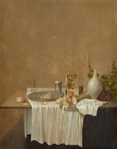 Stillleben mit Steinzeugkrug, Gläsern, Früchten, einer Krabbe und Brot by Геррит ван Вухт — digital art print download