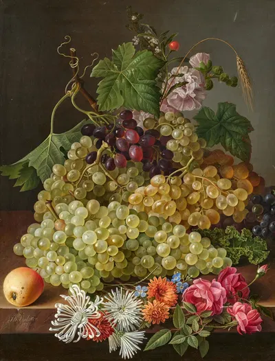 Stillleben mit Trauben und Herbstblumen by Gottfried Wilhelm Völcker, 1827 — digital art print download