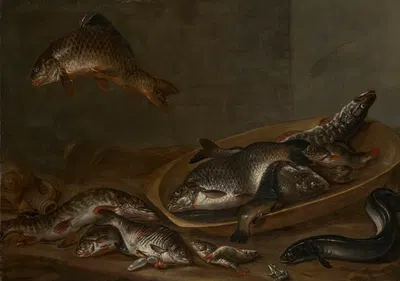 Freshwater fish, an eel and a frog, on a table by Isaac van Duynen — digital art print download