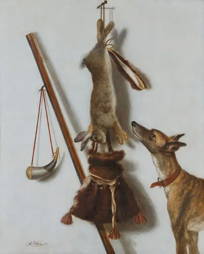 Trompe- l'Œil mit erlegtem Kaninchen, Jagdutensilien und einem Jagdhund vor einer weißen Wand by Jacob Biltius, 1672 —…