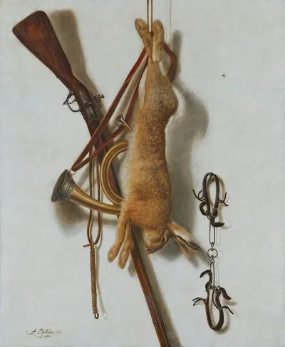Trompe-l'Œil mit einem erlegten Hasen und Jagdutensilien vor einer weißen Wand by Jacob Biltius, 1672 — digital art print…
