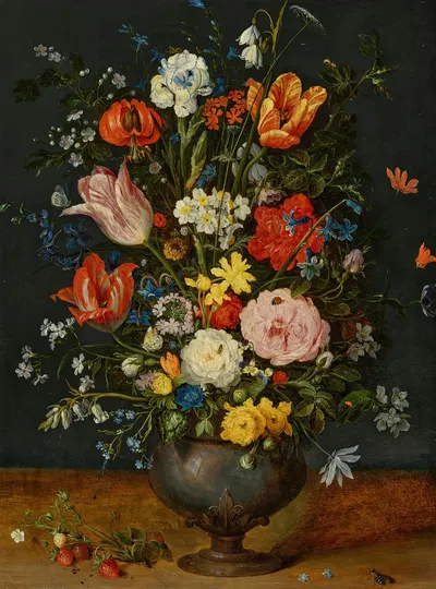 Roses, parrot tulips, narcissi, a lily, a delphinium, borage, moss roses, forget-me-nots, viola and other flowers in a…