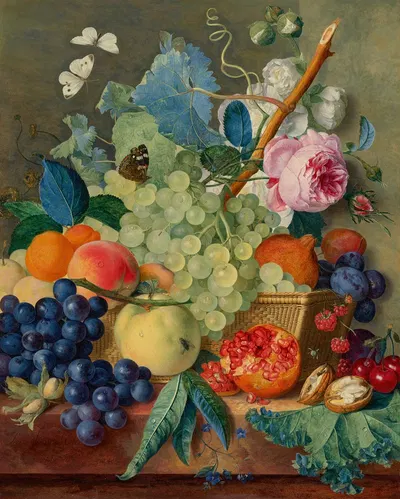 Fruit, roses and peonies in a basket with hazelnuts on a marble ledge by Ян ван Хёйсум, 1744 — digital art print download