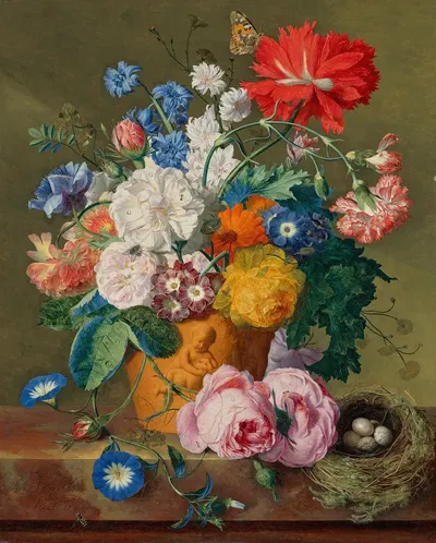 Roses and other flowers in a terracotta vase with a bird’s nest on a marble ledge by Ян ван Хёйсум, 1744 — digital art…