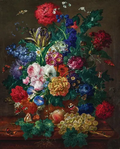 An Elaborate Floral Still Life with Roses, Tulips, Narcissus, Grapes and Butterflies by Иоганн Баптист Дрекслер — digital…
