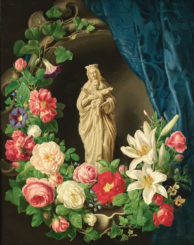 Madonna with child in a floral tendrils of roses, lilies and vetches by Josef Lauer — digital art print download