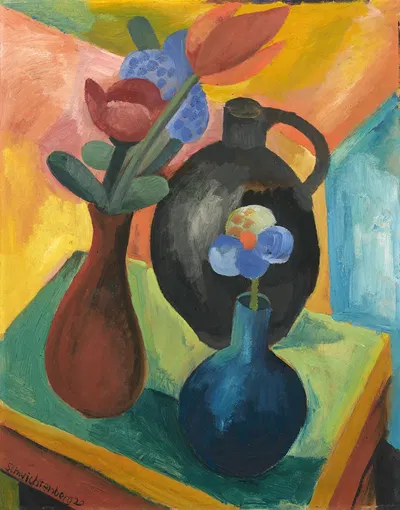 Stillleben mit Blumenvasen und Krug by Мартель Швихтенберг, 1920 — digital art print download