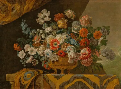 Tulips, poppies, roses, anemones and other flowers in an urn, on a draped stone ledge by Pieter Casteels III, 1725 —…