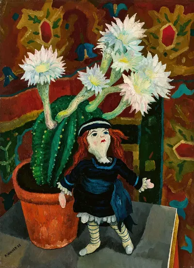 Stillleben mit blühendem Kaktus und Puppe (Sill Life with Blooming Cactus and Doll) by Рудольф Ваккер, 1925 — digital art…